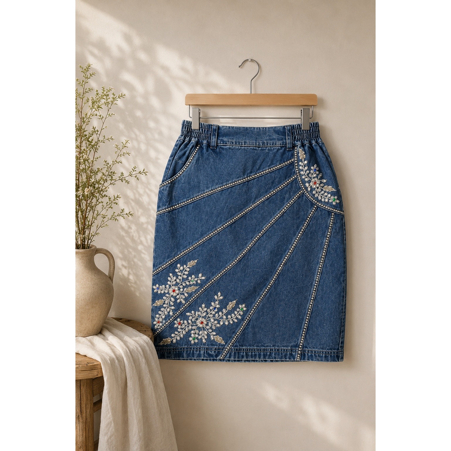 Y2k Embroidered Denim Skirt M High Waist Rhinestone Floral Beaded Jean Skirt